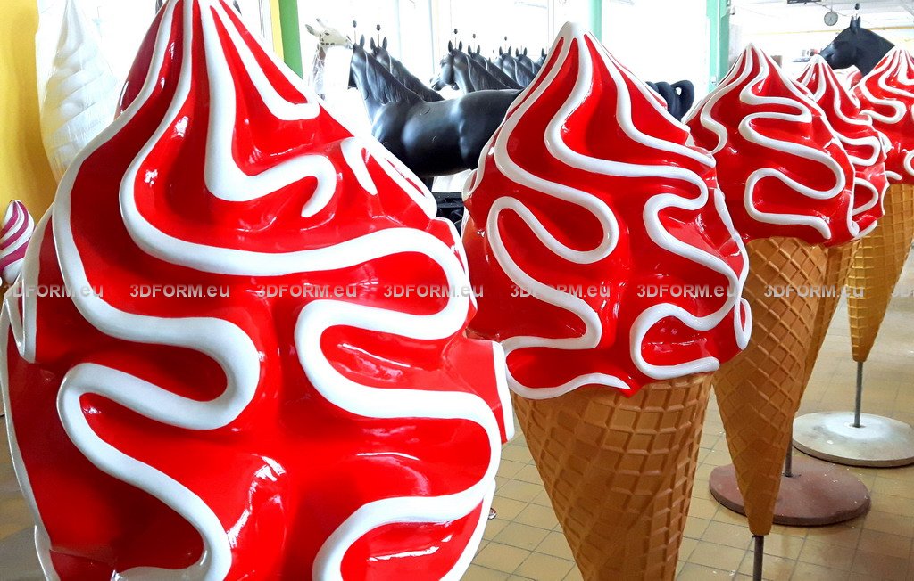 Advertising Ice Cream Fiberglass Figure with Glaze 1 Large red and white ice cream cone sculptures in a row.