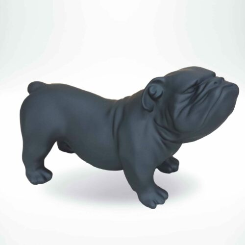 A black statue of a bulldog.