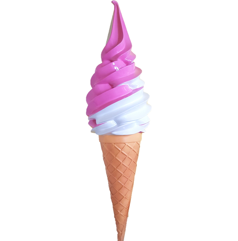 Advertising Soft Ice Cream Fiberglass Figure 3 Soft serve ice cream cone with pink and white swirls.