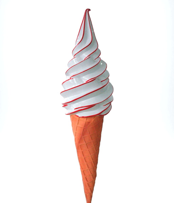 Advertising Soft Ice Cream Fiberglass Figure 2 White soft serve ice cream cone with red stripes in a waffle cone.