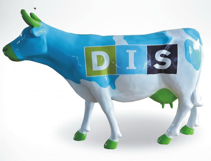 Fiberglass Cow Life Size Statue - Single Color 6 Sculpture of a cow painted in blue and white with green hooves, horns, and nose, featuring the letters