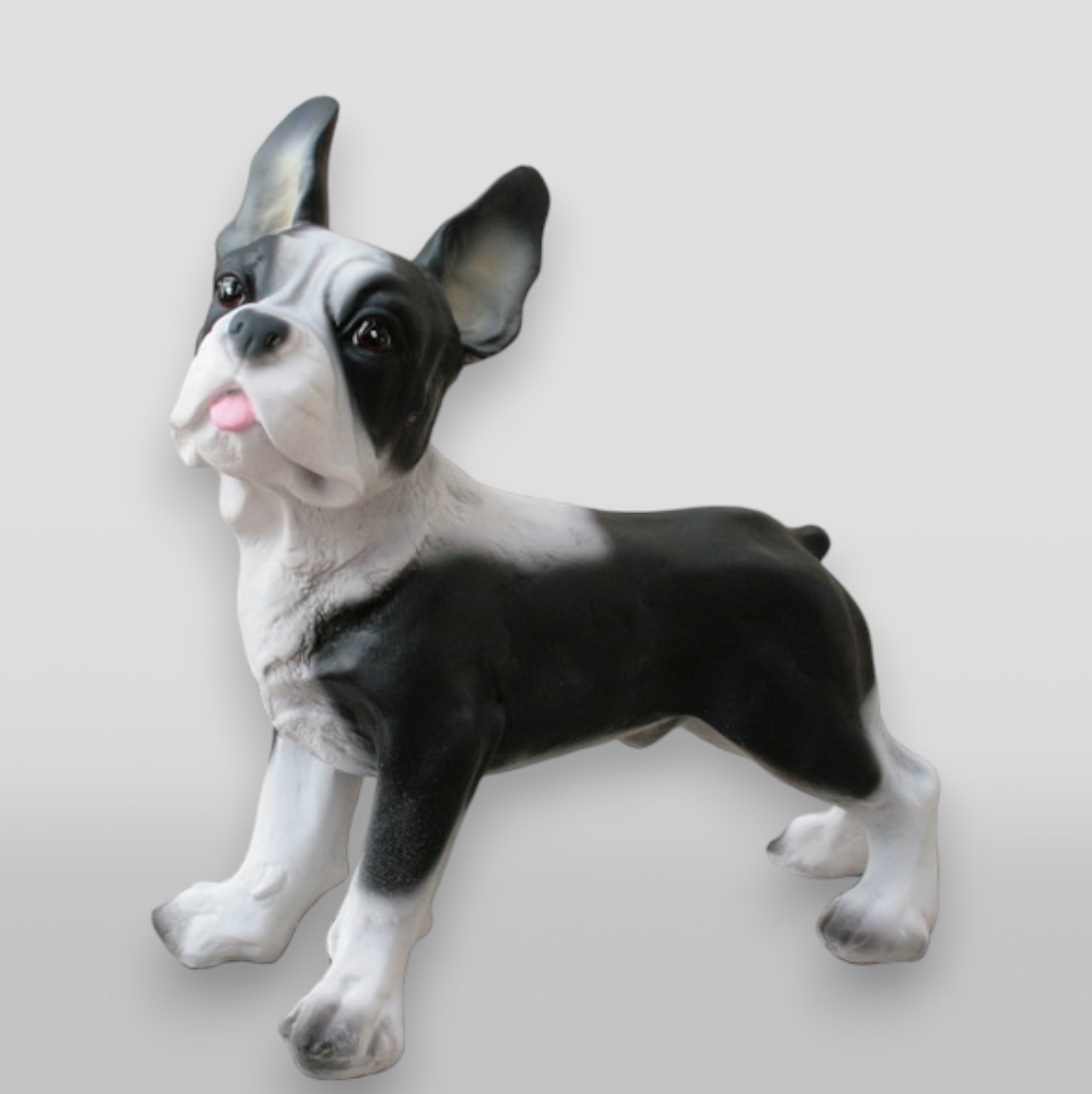 Resin Figurine Small French Bulldog - Single Color Edition 2 Statue of a black and white Boston Terrier dog with its tongue slightly out.