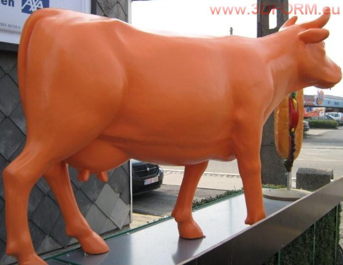 Fiberglass Cow Life Size Statue - Single Color 5 Orange painted cow sculpture.