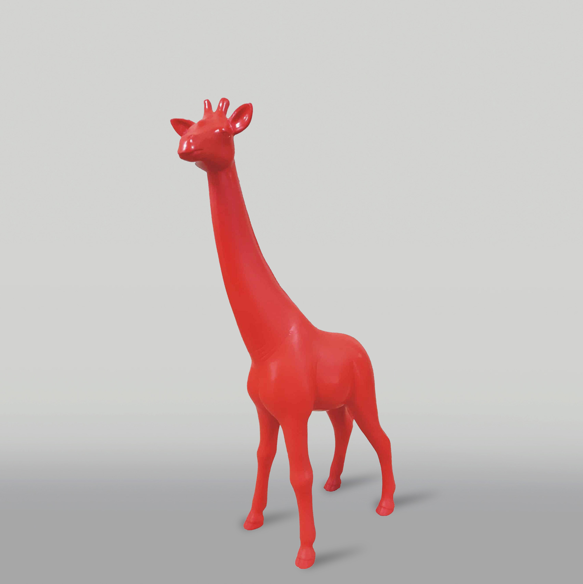 Resin handmade giraffe sculpture h-100cm 3 Red giraffe sculpture on a light grey background.