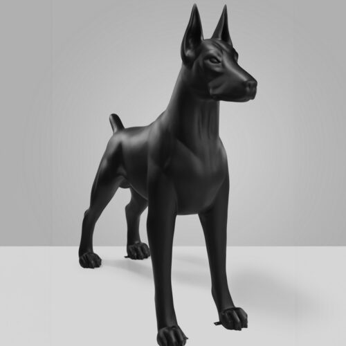 A black, stylized, Doberman Pinscher statue with a sleek, modern design.