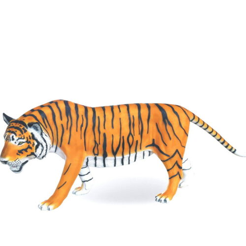A toy tiger figurine with orange fur and black stripes, standing and facing left on a white background.