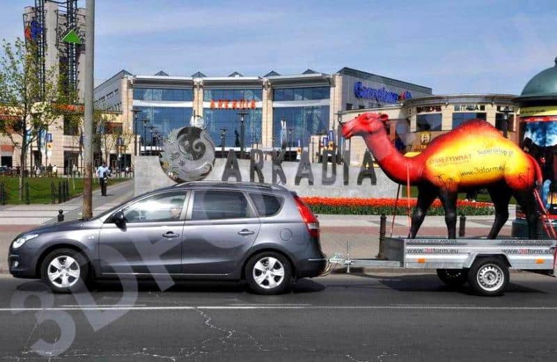 Mobile camel mock-up 3 Samochód ciągnący przyczepę z wielbłądem przed centrum handlowym Arkadia w Warszawie.