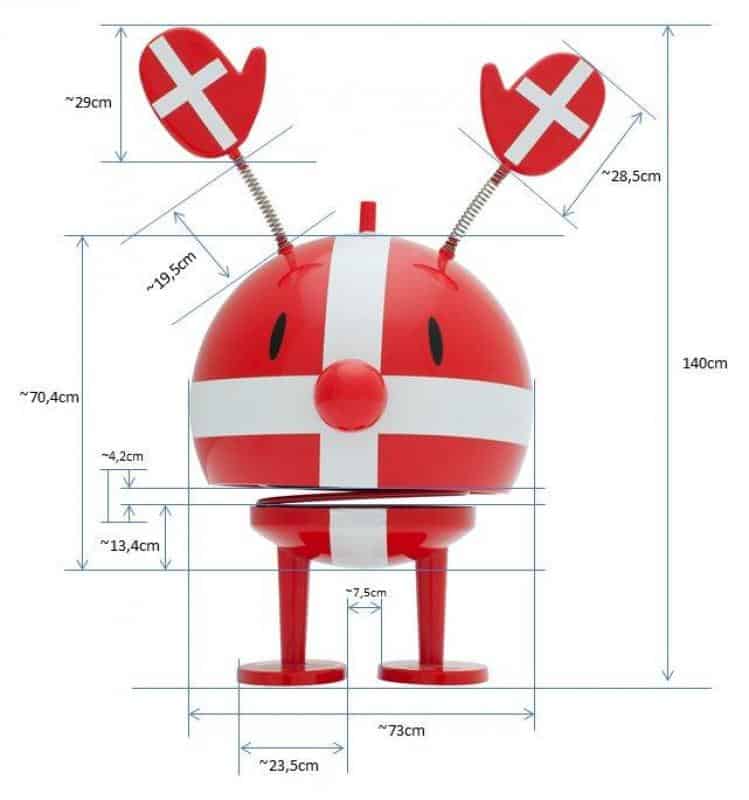 Hoptimist Advertising Figure 3 Czerwony model figurki z białymi pasami i wymiarami, inspirowany flagą Danii, z dwiema antenami zakończonymi owalnymi flagami.