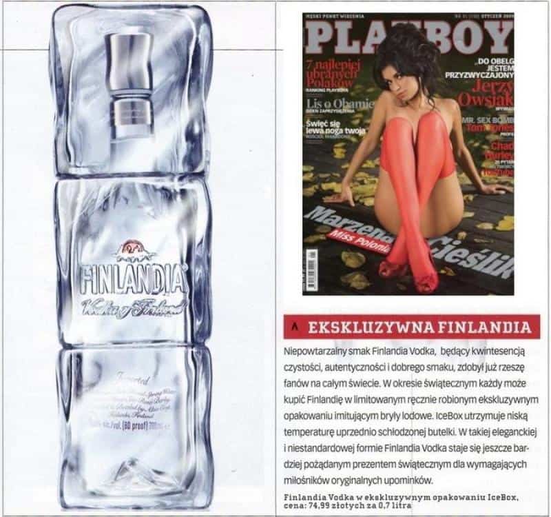 Promotional packaging Finlandia 3 Butelka wódki Finlandia w opakowaniu przypominającym bryłę lodu oraz magazyn Playboy z kobietą w czerwonych pończochach na okładce.