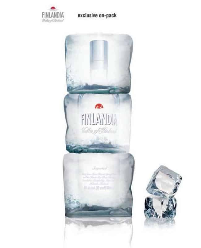 oryg_064490685_1129949550544944_1465385417682452480_o Stacked ice cubes with Finlandia Vodka bottles inside and two separate ice cubes on the side.