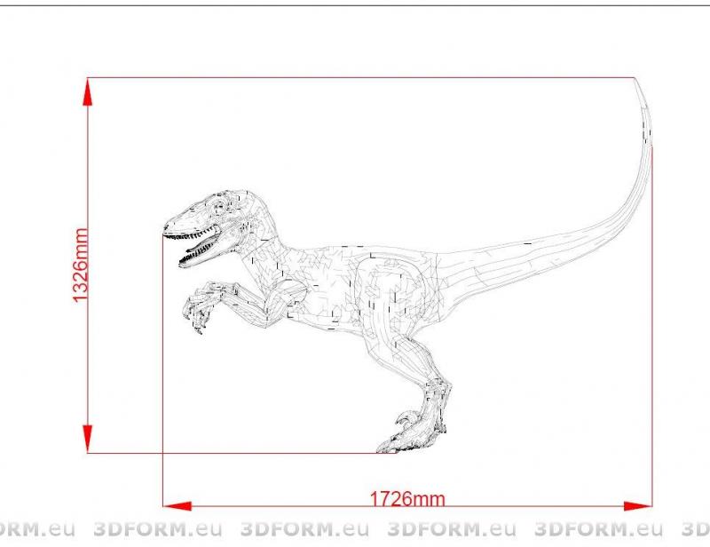 Schematyczny rysunek dinozaura z wymiarami 1326mm na wysokość i 1726mm na długość.