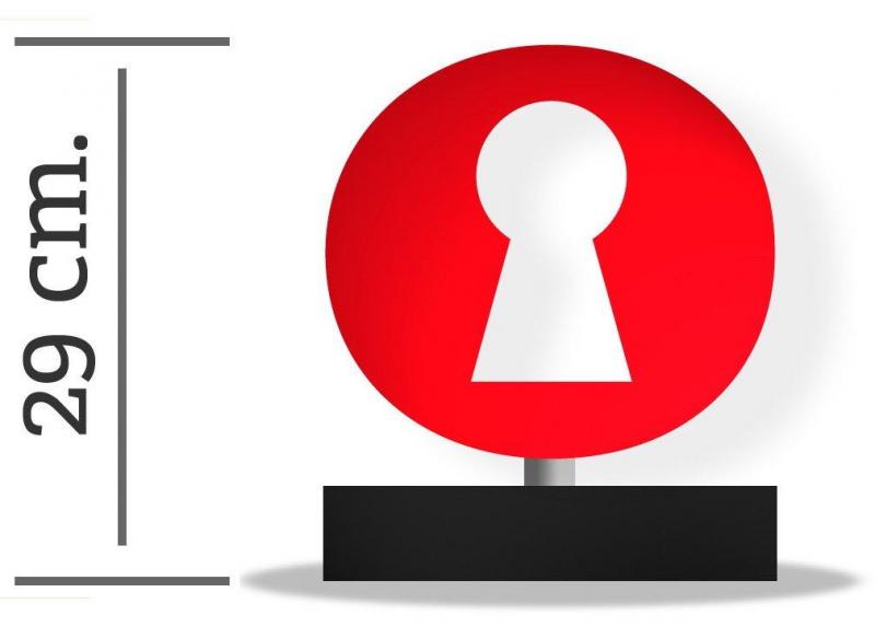 Keyhole / Statuette 3 Czerwona okrągła tablica z białą dziurką od klucza na czarnej podstawie; wysokość 29 cm.