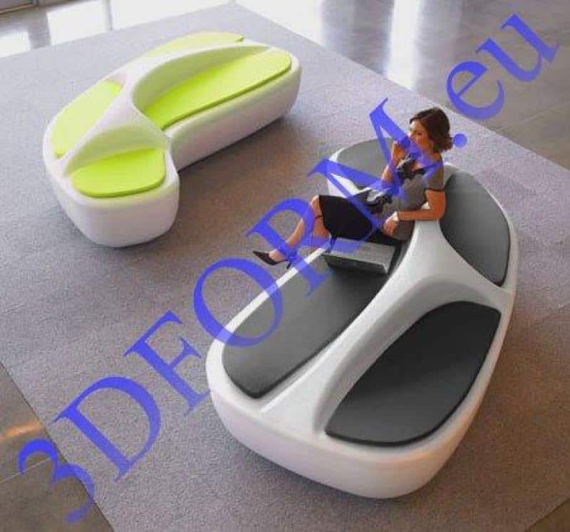 Bench for TESCO - indoor/outdoor 2 Nowoczesne, designerskie ławki w futurystycznym stylu w przestronnym wnętrzu. Na jednej z nich siedzi osoba.