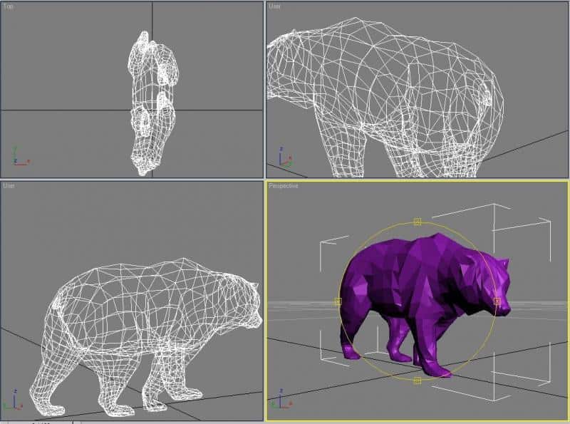 Low-poly geometric bear 2 Model 3D niedźwiedzia z widokiem siatki i pełnym meshem w programie do modelowania.