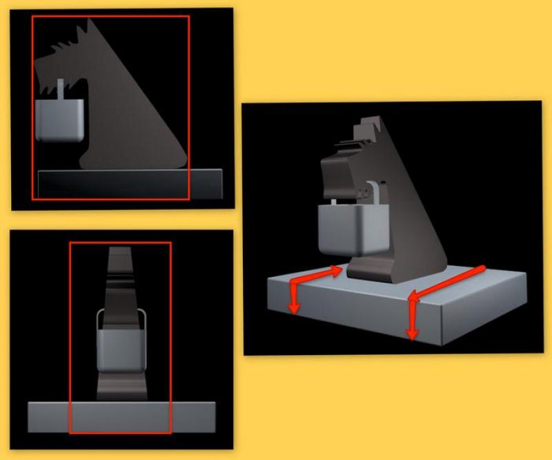 NETTO 3D LOGO 3 Czarny pionek szachowy w kształcie głowy konia na podstawie, pokazany z przodu, z boku i pod kątem, z czerwonymi ramkami i strzałkami wskazującymi jego wymiary.