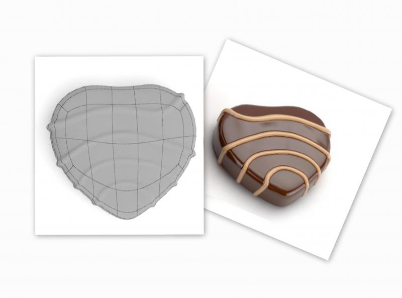 Pralines 3 Serce z czekolady z wzorem z jasnych linii obok siatki modelu 3D serca.