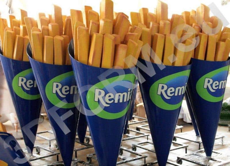 Cone-shaped containers filled with fries, labeled 