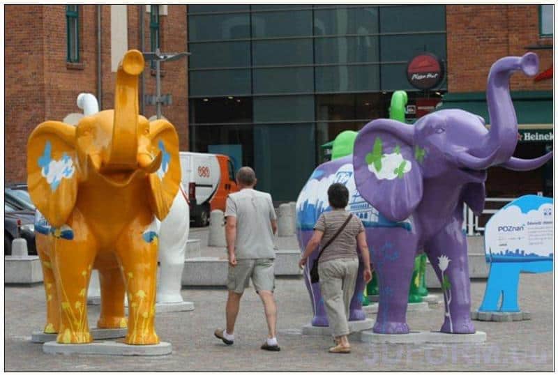 Kolorowe rzeźby słoni na wystawie plenerowej, oglądane przez dwie osoby.