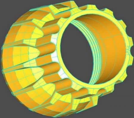 Tee - Pipe Fitting 2 3D model żółtej opony terenowej z nacięciami i bieżnikiem.