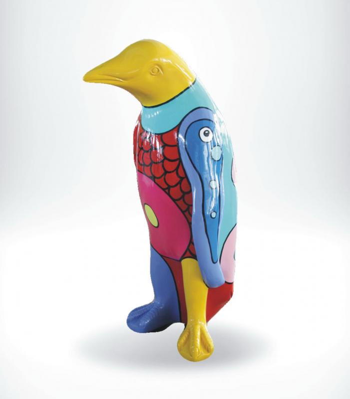 Large Fiberglass Penguin Statue - Natural Colors. 2 Colorful penguin statue with abstract patterns and vibrant colors, including yellow, red, blue, pink, and green, standing against a plain white background.