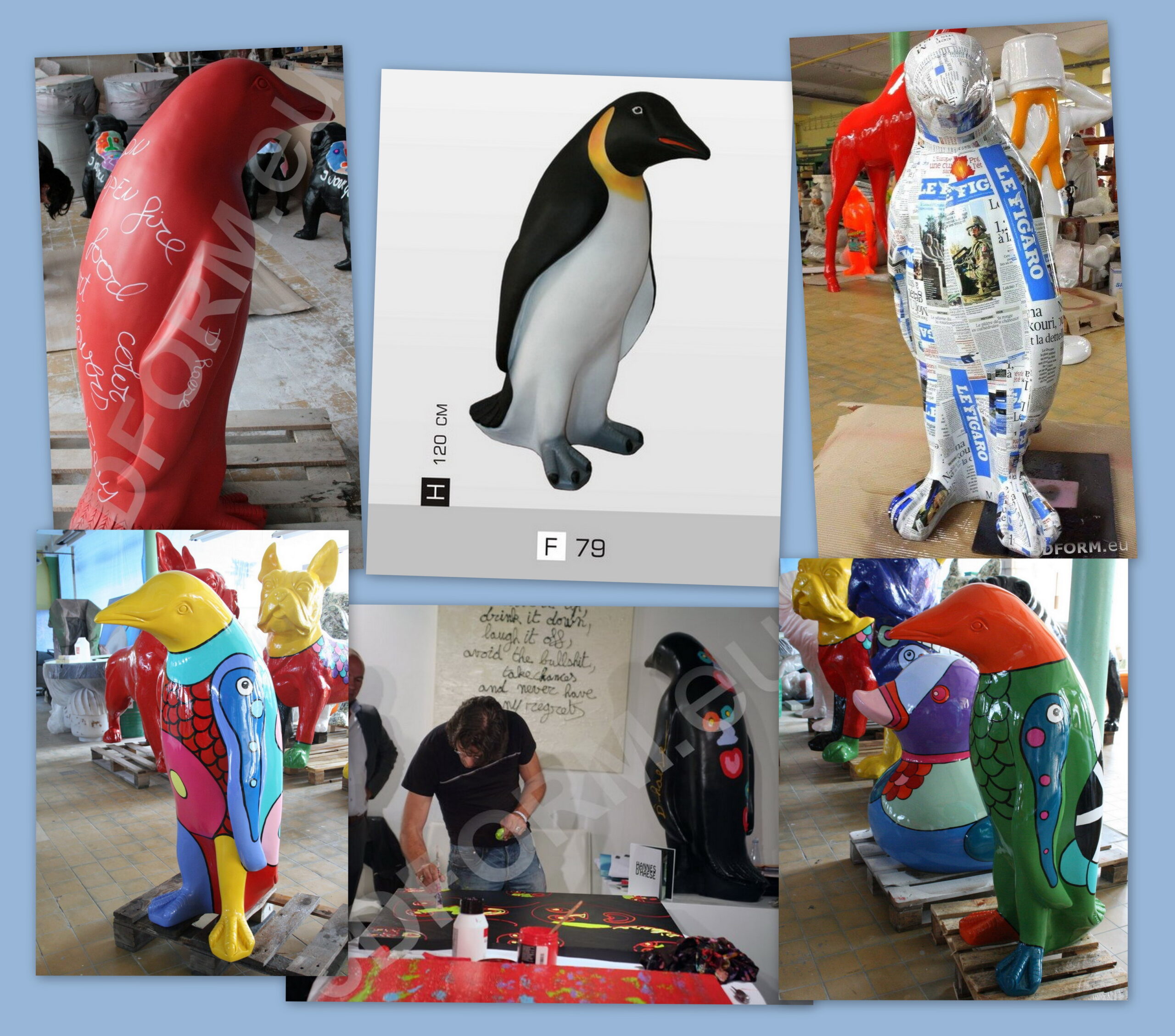 Large Fiberglass Penguin Statue - Natural Colors. 4 Various colorful painted penguin sculptures are displayed, with designs ranging from solid colors and words, to newspaper clippings, to intricate patterns. Some sculptures are in the process of being painted by an artist.