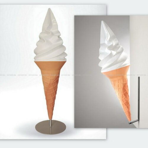 Two images of a lamp shaped like a large ice cream cone, with one image showing it on a stand and the other mounted on a wall.