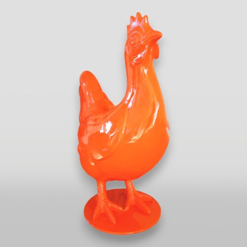 Glossy orange rooster sculpture with detailed feathers and a round base.