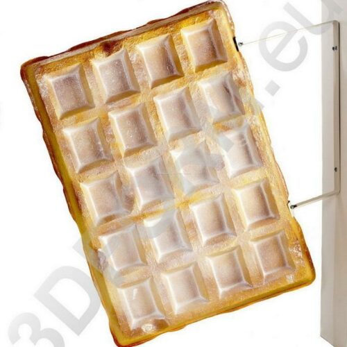 A large, square, golden-brown waffle attached to a wall-mounting bracket.