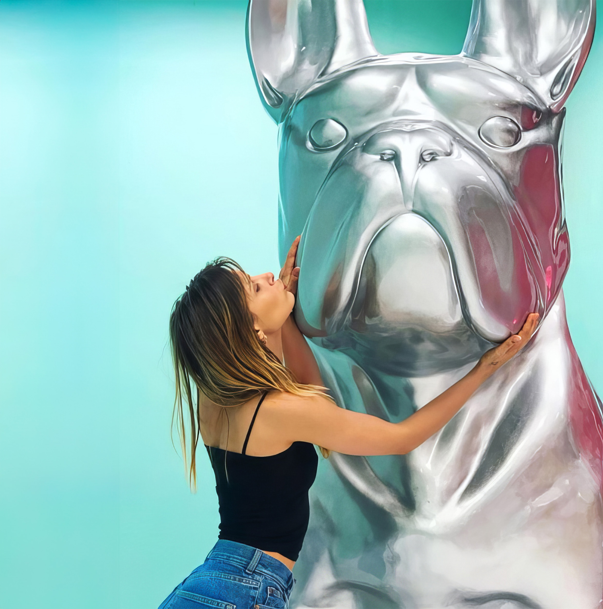 Giant sitting bulldog statue, single-colored. 1 Woman embracing and kissing a large metallic sculpture of a bulldog.