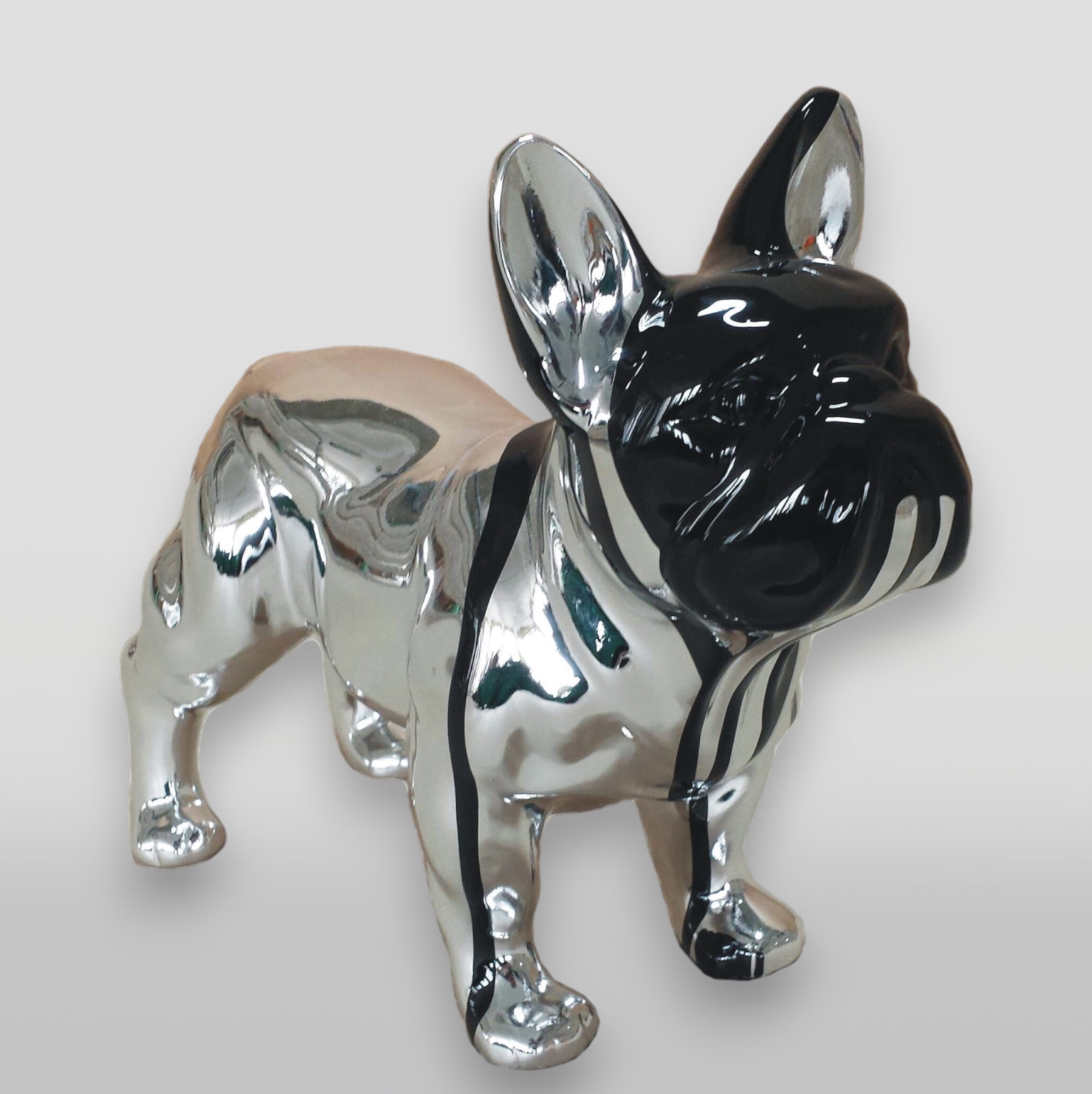 Small Standing Resin Bulldog Figurine - Chrome and Paint Edition 3 Chrome-finished decorative figurine of a French Bulldog.