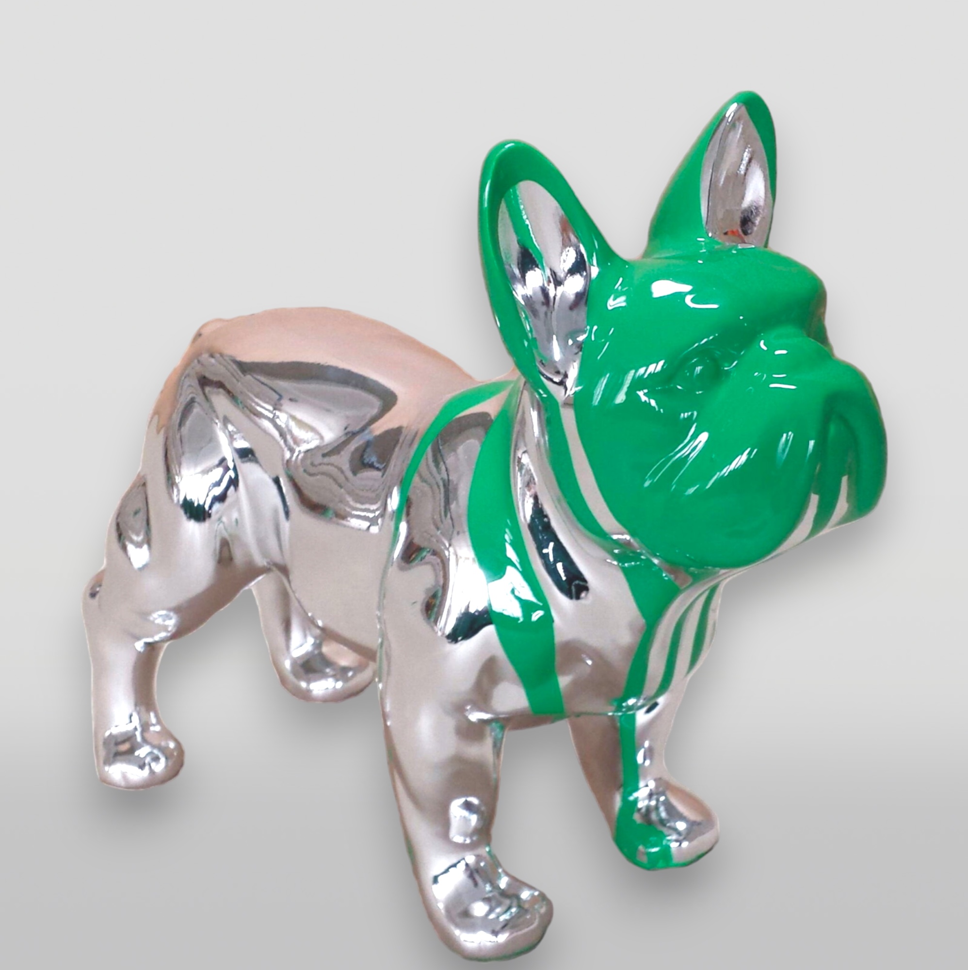Small Standing Resin Bulldog Figurine - Chrome and Paint Edition 2 Silver dog figurine with green accents on the head, neck, and ears.