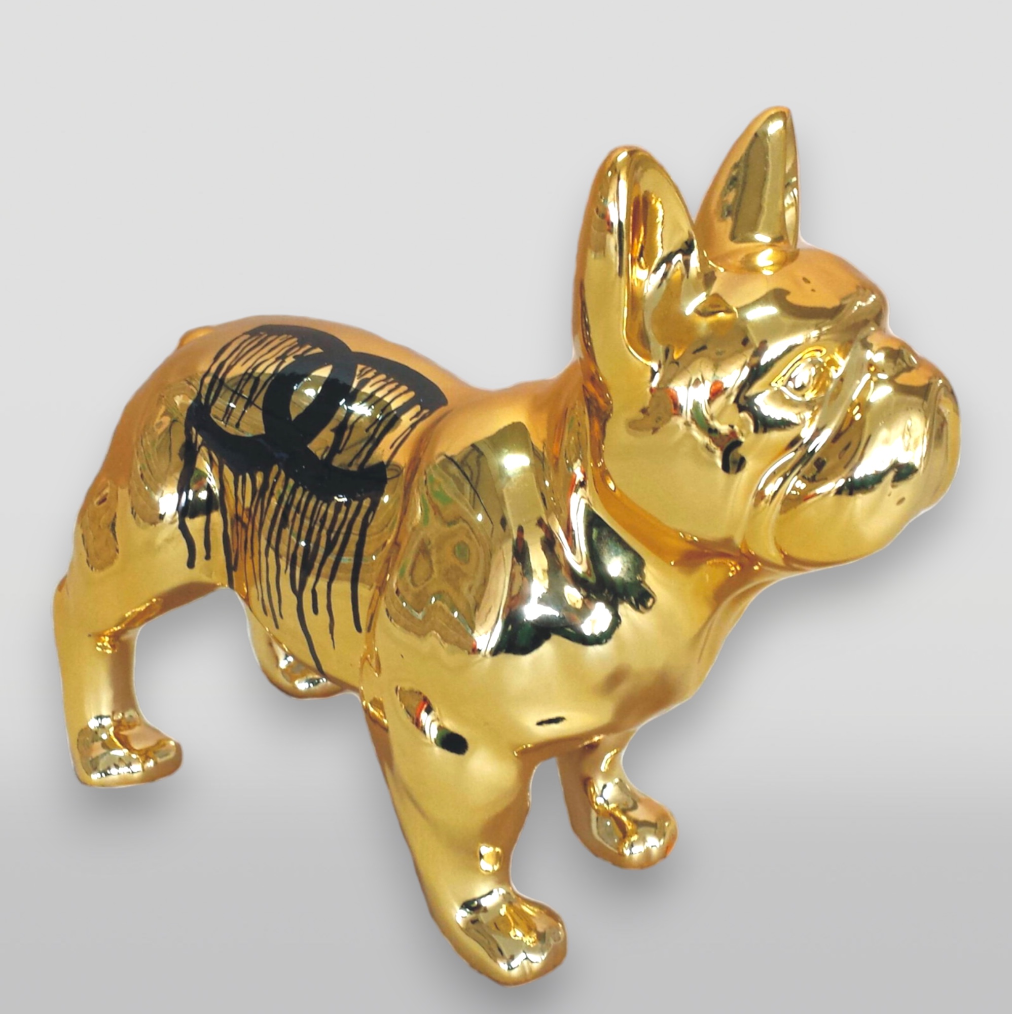 Small Standing Resin Bulldog Figurine - Chrome and Paint Edition 4 Gold bulldog sculpture with black abstract design on its back.