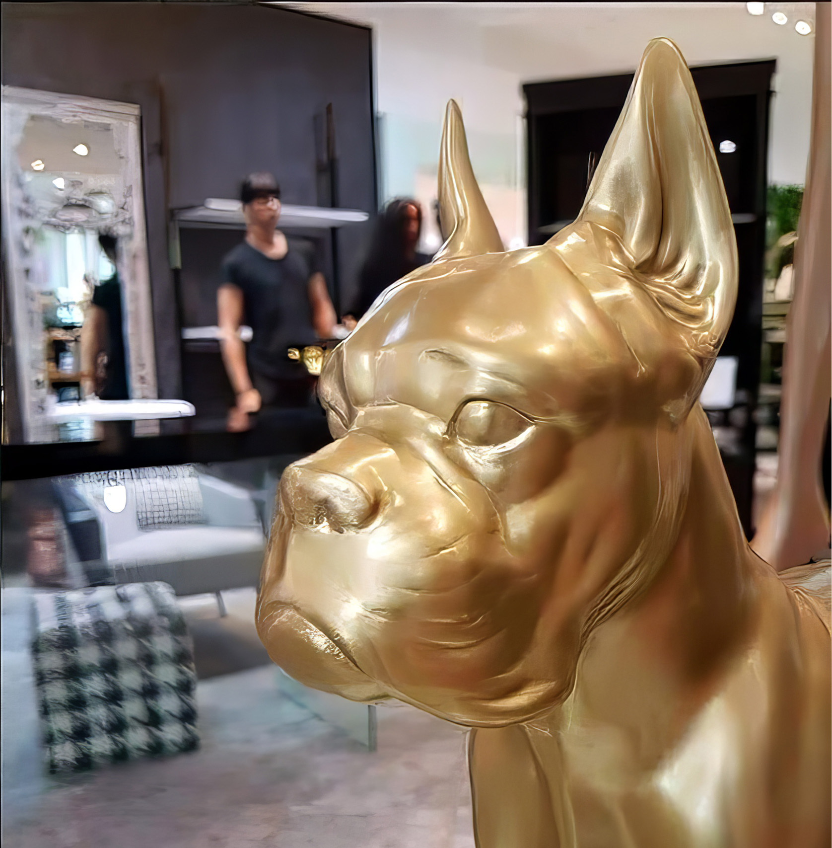 Boxer Dog Decorative Figure - Single Color 1 A golden statue of a dog with focused detailing, positioned indoors with a blurred background reflecting people and furniture.