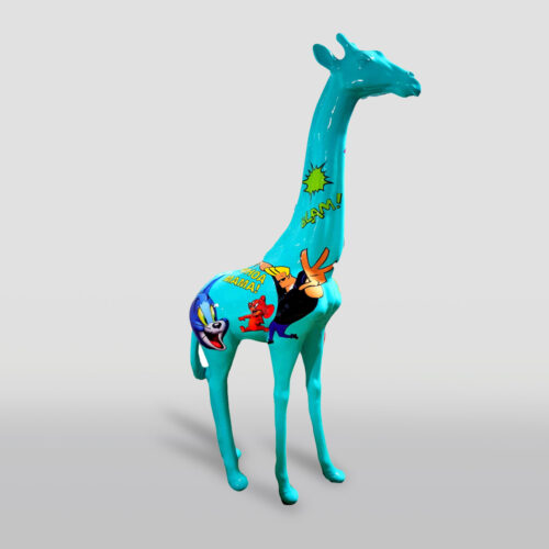 Turquoise giraffe sculpture with painted cartoon characters and comic book text.