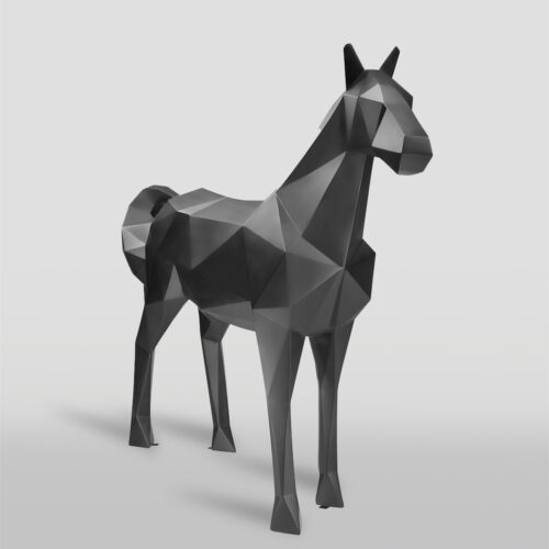 Geometric black horse sculpture with sharp, angular facets, standing on a light gray background.