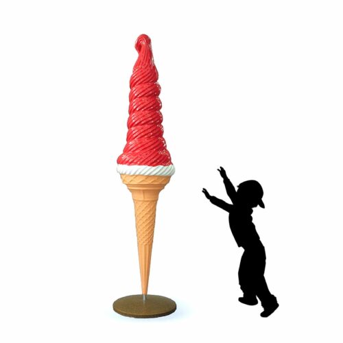 Silhouette of a child reaching towards a large red swirl ice cream cone on a stand.