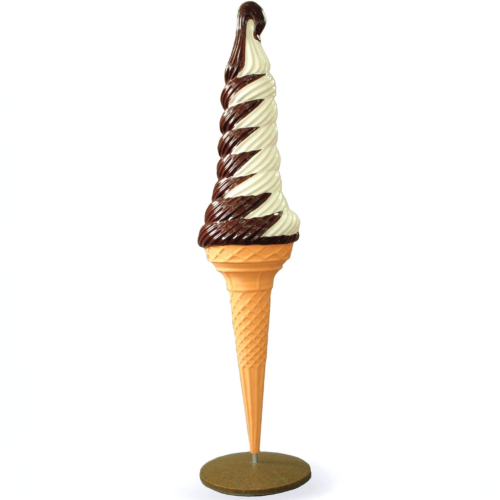 A large, plastic vanilla and chocolate twist soft-serve ice cream cone model on a base.