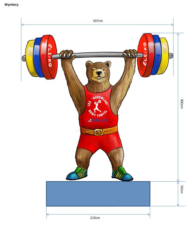 Miś sztangista w czerwonym stroju podnoszący ciężar, wymiary: szerokość 307 cm, wysokość 300 cm, podstawa 210 cm x 50 cm.