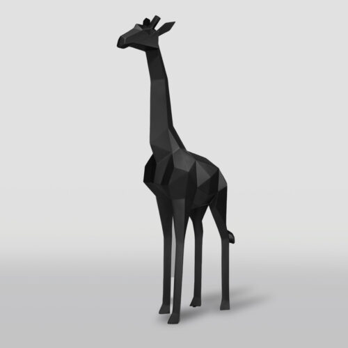 Black low-poly giraffe sculpture on a plain background.