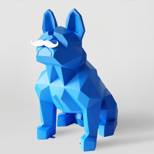 Blue low-poly dog figurine with a white mustache.