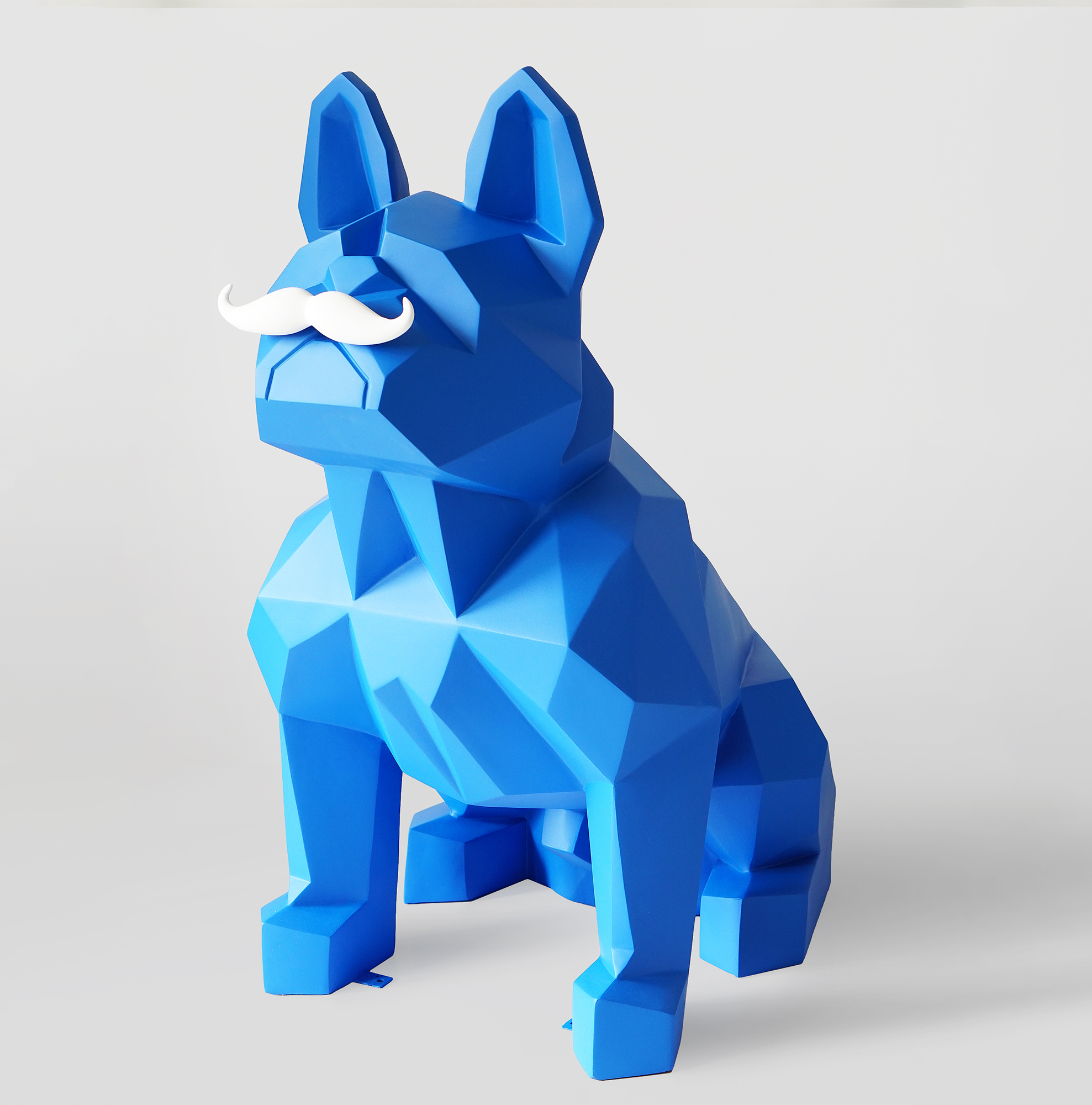 Geometric Fiberglass French Bulldog Sculpture - Single Color 2 Blue low-poly dog figurine with a white mustache.