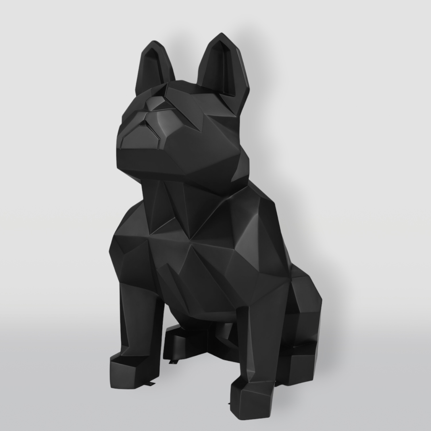 Geometric Fiberglass French Bulldog Sculpture - Single Color 1 Black geometric French Bulldog sculpture set against a light gray background.