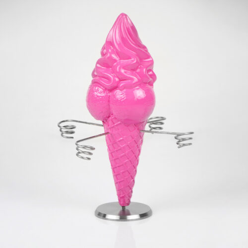 Bright pink ice cream cone sculpture with swirled top on a metal stand, featuring four metallic spiral arms extending from the sides against a plain white background.