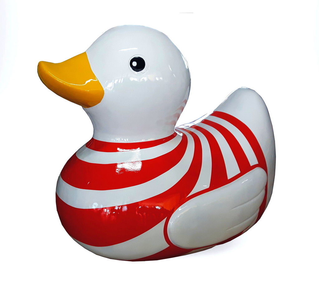 Decorative fiberglass duck statue 3 A white rubber duck with a yellow beak and red and white striped body.