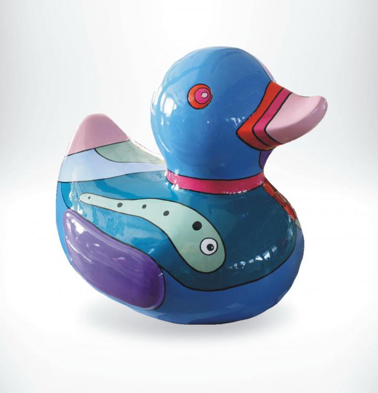Decorative fiberglass duck statue 2 Colorful duck-shaped figurine with vibrant abstract patterns and a glossy finish.