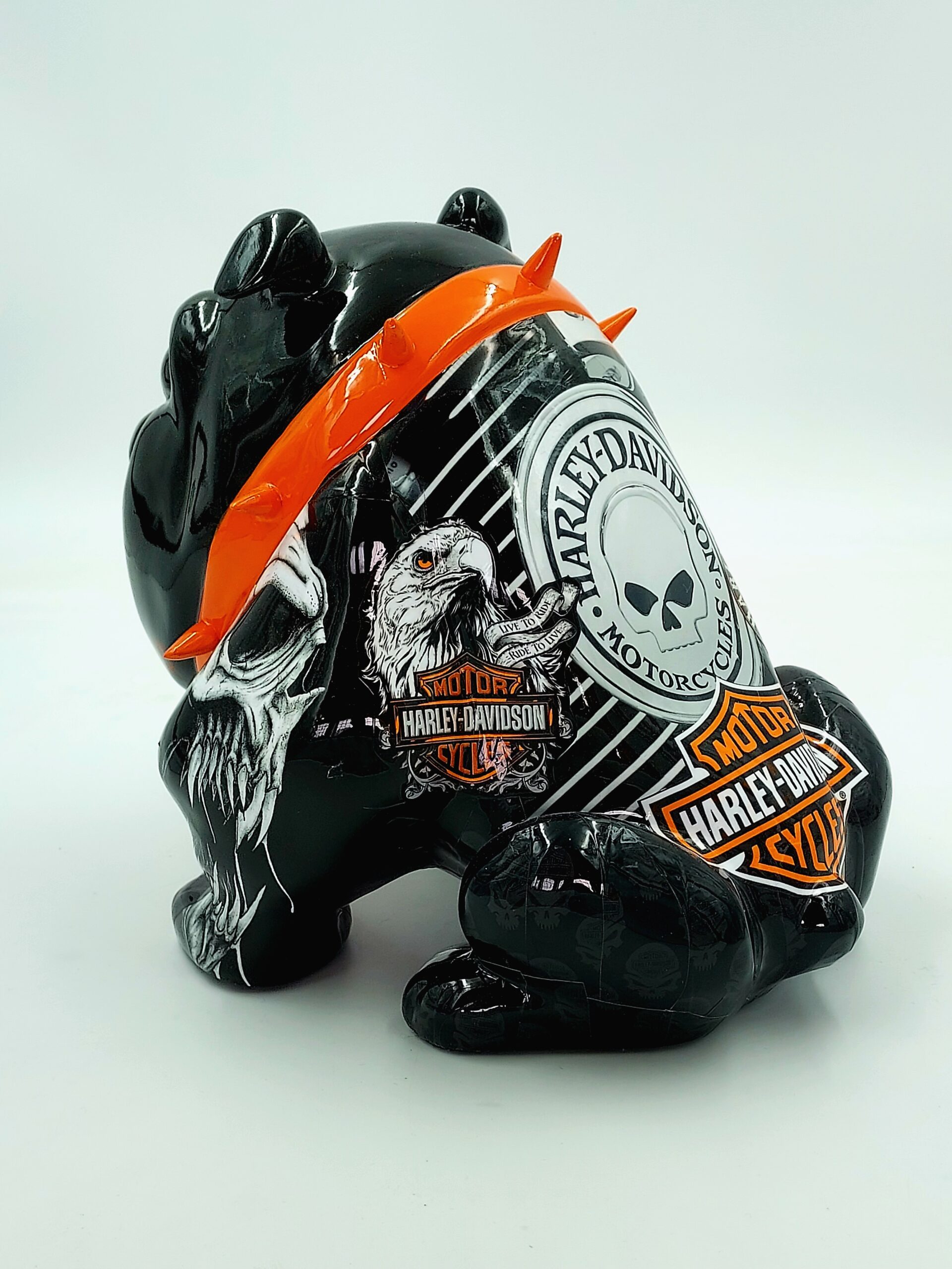 Bulldog Avella 55cm dog - Harley Davidson 2 Black ceramic bulldog figurine with Harley-Davidson logos and designs, wearing an orange spiked collar.