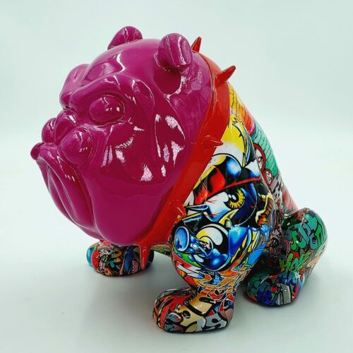 Colorful bulldog sculpture with a pink head and a body covered in vibrant graffiti-style artwork.