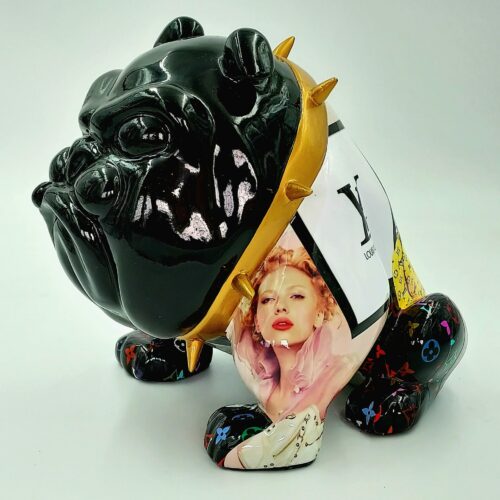 Black ceramic bulldog figurine adorned with a golden spiked collar and colorful patterns, featuring an image of a woman's portrait on its side.