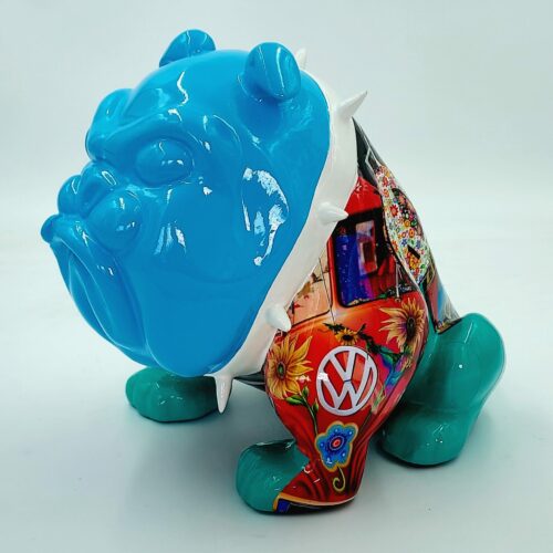 Colorful bulldog figurine with a blue head, turquoise legs, and a vibrant, patterned body featuring floral designs and a Volkswagen logo.