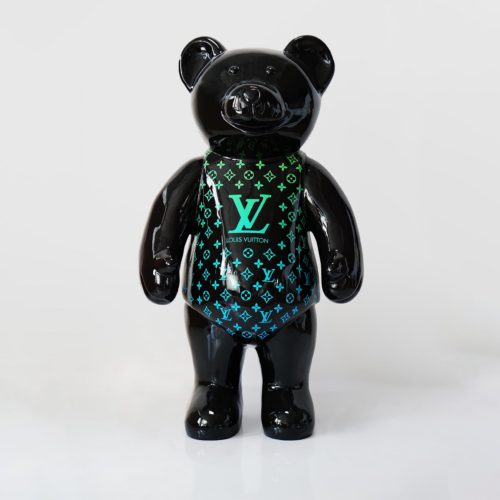 Black glossy bear figurine with Louis Vuitton branding and monogram pattern in green and blue.